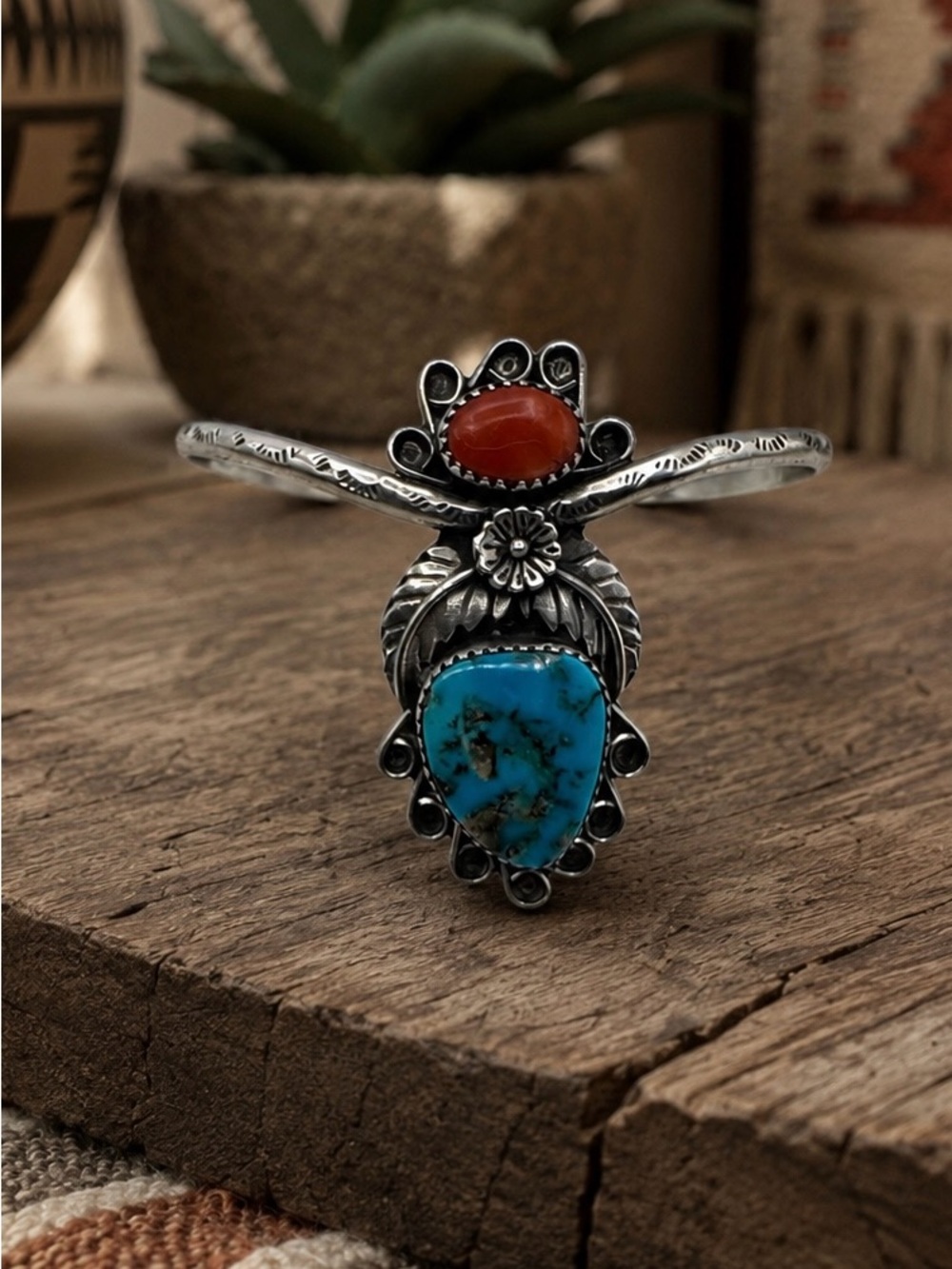 Vintage Navajo Native American 925 Sterling Silver Turquoise Coral Cuff Bracelet